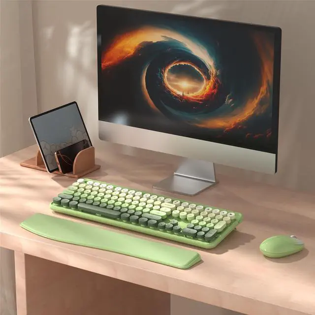 Alt view image 2 of 5 - MPTOG Colorful Wireless Computer Keyboard and Mouse Combo with Phone Holder, Wrist Rest, Typewriter Keys, 2.4GHz Wireless, Full-Sized Optical Mouse for PC and Laptop(Green Colorful)