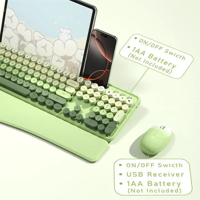 Alt view image 5 of 5 - MPTOG Colorful Wireless Computer Keyboard and Mouse Combo with Phone Holder, Wrist Rest, Typewriter Keys, 2.4GHz Wireless, Full-Sized Optical Mouse for PC and Laptop(Green Colorful)