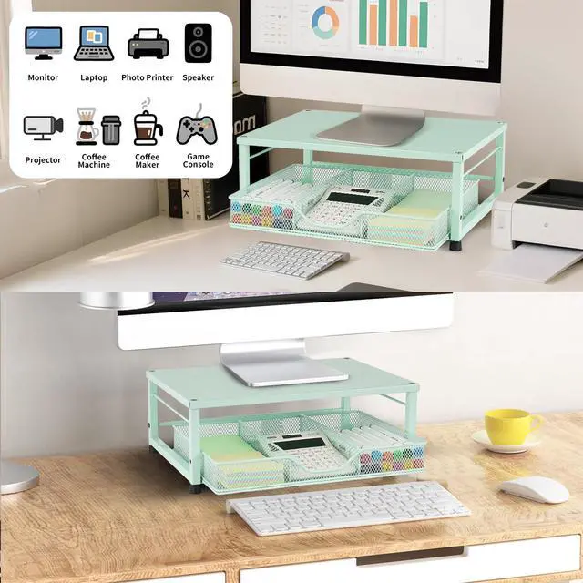 Alt view image 2 of 5 - Gugsey Small Laptop Stand for Desk, Monitor Stand Riser, Office Desk Accessories, Computer Desktop Stand with Drawer for Home, Office, School (Mint Green)