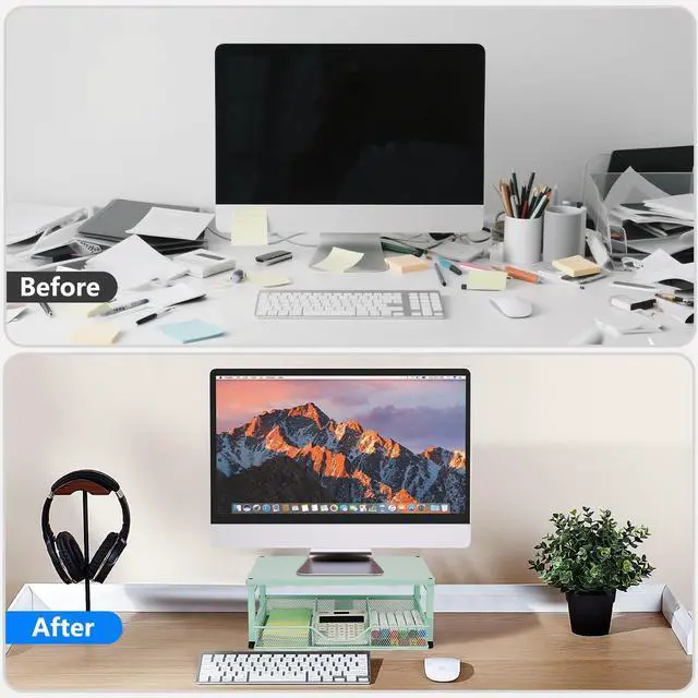 Alt view image 4 of 5 - Gugsey Small Laptop Stand for Desk, Monitor Stand Riser, Office Desk Accessories, Computer Desktop Stand with Drawer for Home, Office, School (Mint Green)