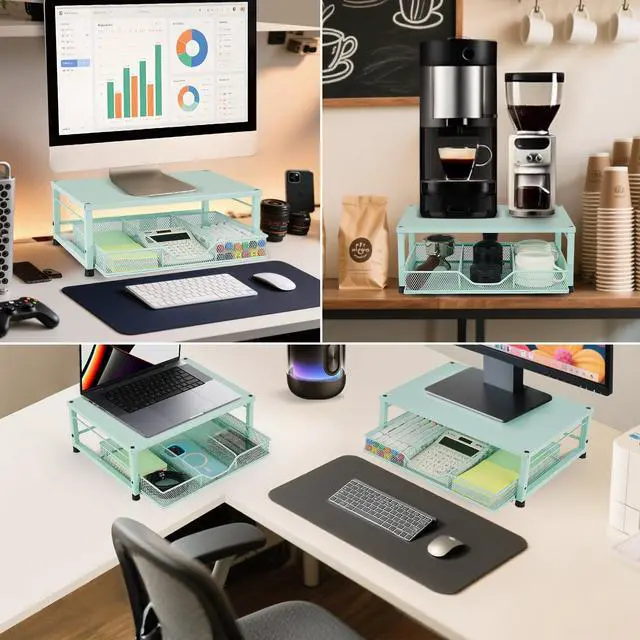 Alt view image 3 of 5 - Gugsey Small Laptop Stand for Desk, Monitor Stand Riser, Office Desk Accessories, Computer Desktop Stand with Drawer for Home, Office, School (Mint Green)