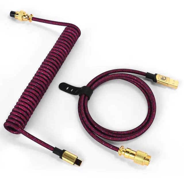 Main image of ATTACK SHARK Custom Coiled USB C to A Cable for Gaming Keyboard,Double-Sleeved Starlight Braided Cable with Detachable Metal Aviator 24K Gold Connector 1.7M for Phone/PS4/Android/Xbox-(Ross Red)