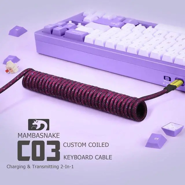 Alt view image 2 of 5 - ATTACK SHARK Custom Coiled USB C to A Cable for Gaming Keyboard,Double-Sleeved Starlight Braided Cable with Detachable Metal Aviator 24K Gold Connector 1.7M for Phone/PS4/Android/Xbox-(Ross Red)