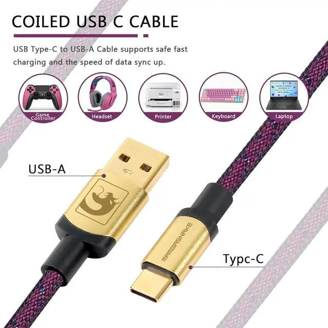 Alt view image 5 of 5 - ATTACK SHARK Custom Coiled USB C to A Cable for Gaming Keyboard,Double-Sleeved Starlight Braided Cable with Detachable Metal Aviator 24K Gold Connector 1.7M for Phone/PS4/Android/Xbox-(Ross Red)