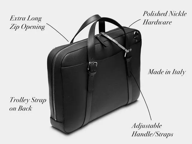 Alt view image 5 of 5 - Bosca Italian Leather Laptop Work Briefcase Bag for Men - Full Grain Leather Tanned in Italy - Fits Up to 16" Laptops Slim Style Adjustable & Trolley Strap - 11.5" H x 16" W x 4" D Black