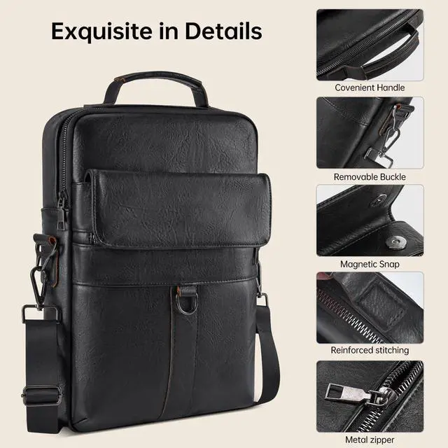 Alt view image 4 of 5 - 11 Inch Shoulder Bag Leather Briefcase for 11 Inch iPad Pro M4/ iPad Air 11" M3 M2 2025 with Magic Keyboard, iPads A16 11", Amazon Max 11/HD 10, Laptop Sleeve Messenger Computer Bag, Black