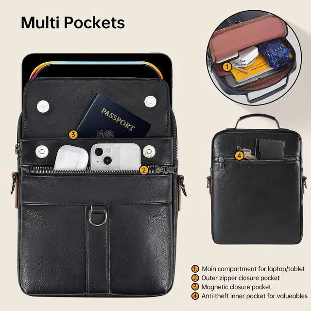 Alt view image 3 of 5 - 11 Inch Shoulder Bag Leather Briefcase for 11 Inch iPad Pro M4/ iPad Air 11" M3 M2 2025 with Magic Keyboard, iPads A16 11", Amazon Max 11/HD 10, Laptop Sleeve Messenger Computer Bag, Black