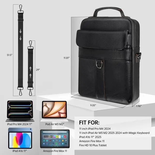 Alt view image 2 of 5 - 11 Inch Shoulder Bag Leather Briefcase for 11 Inch iPad Pro M4/ iPad Air 11" M3 M2 2025 with Magic Keyboard, iPads A16 11", Amazon Max 11/HD 10, Laptop Sleeve Messenger Computer Bag, Black