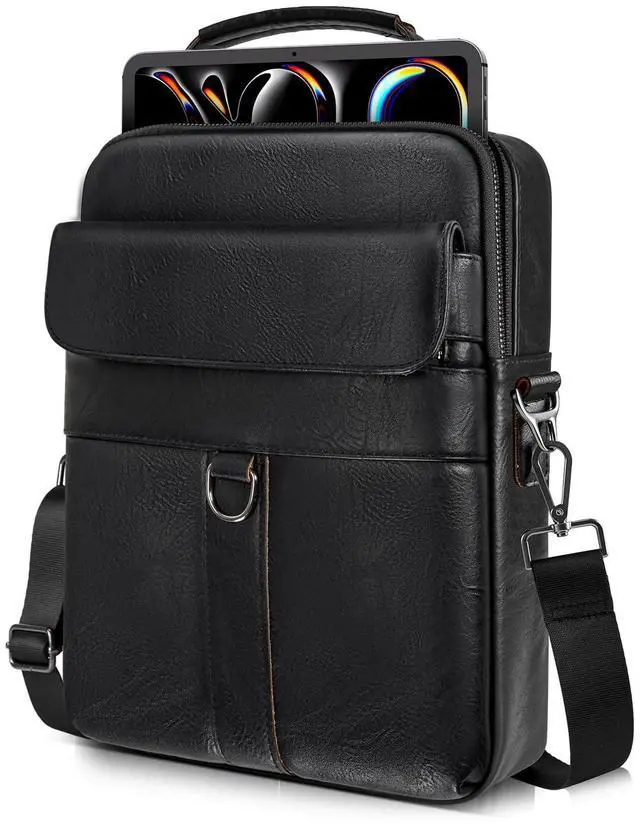 Main image of 11 Inch Shoulder Bag Leather Briefcase for 11 Inch iPad Pro M4/ iPad Air 11" M3 M2 2025 with Magic Keyboard, iPads A16 11", Amazon Max 11/HD 10, Laptop Sleeve Messenger Computer Bag, Black