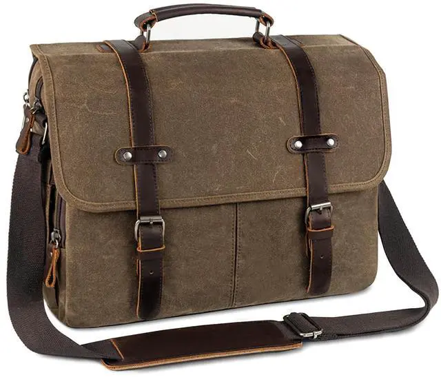 Main image of Wogarl 15.6 Inch Messenger Bag for Men: Genuine Leather Waxed Canvas Briefcase Large Computer Laptop Bag, Satchel Shoulder Handbags Crossbody Bags for Work (Coffee)