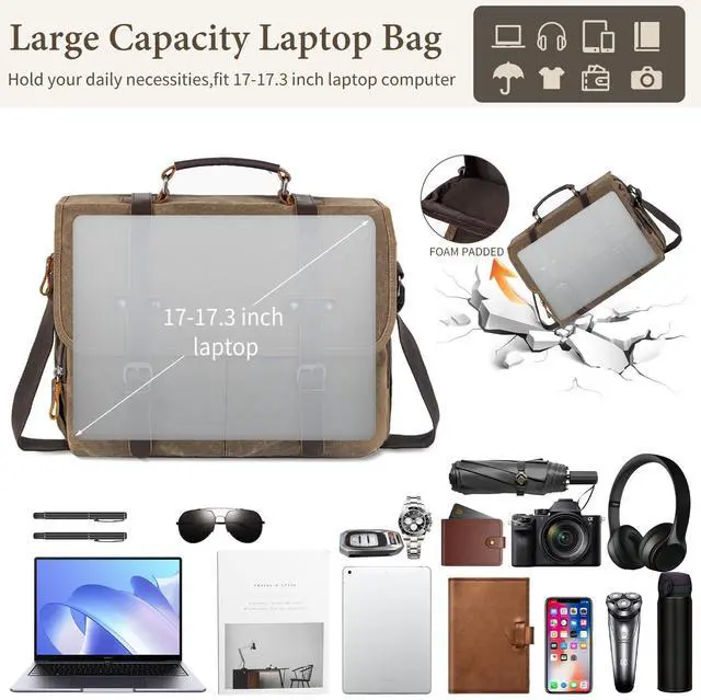 Alt view image 3 of 5 - Wogarl 15.6 Inch Messenger Bag for Men: Genuine Leather Waxed Canvas Briefcase Large Computer Laptop Bag, Satchel Shoulder Handbags Crossbody Bags for Work (Coffee)
