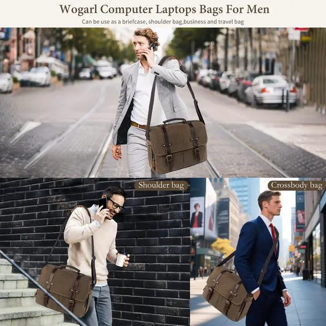 Alt view image 2 of 5 - Wogarl 15.6 Inch Messenger Bag for Men: Genuine Leather Waxed Canvas Briefcase Large Computer Laptop Bag, Satchel Shoulder Handbags Crossbody Bags for Work (Coffee)