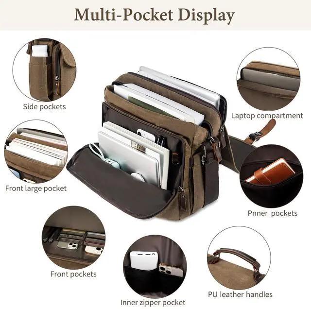 Alt view image 4 of 5 - Wogarl 15.6 Inch Messenger Bag for Men: Genuine Leather Waxed Canvas Briefcase Large Computer Laptop Bag, Satchel Shoulder Handbags Crossbody Bags for Work (Coffee)