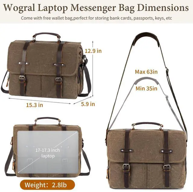 Alt view image 5 of 5 - Wogarl 15.6 Inch Messenger Bag for Men: Genuine Leather Waxed Canvas Briefcase Large Computer Laptop Bag, Satchel Shoulder Handbags Crossbody Bags for Work (Coffee)