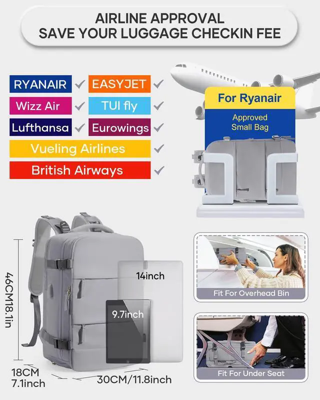Alt view image 2 of 5 - WEPLAN Vacuum Backpack Travel with Pump,Large Travel Backpack with Vacuum System,18.5x13x7.9IN Personal Item Travel Bag,Airline Approved Carry on Luggage,Laptop Backpack,Grey