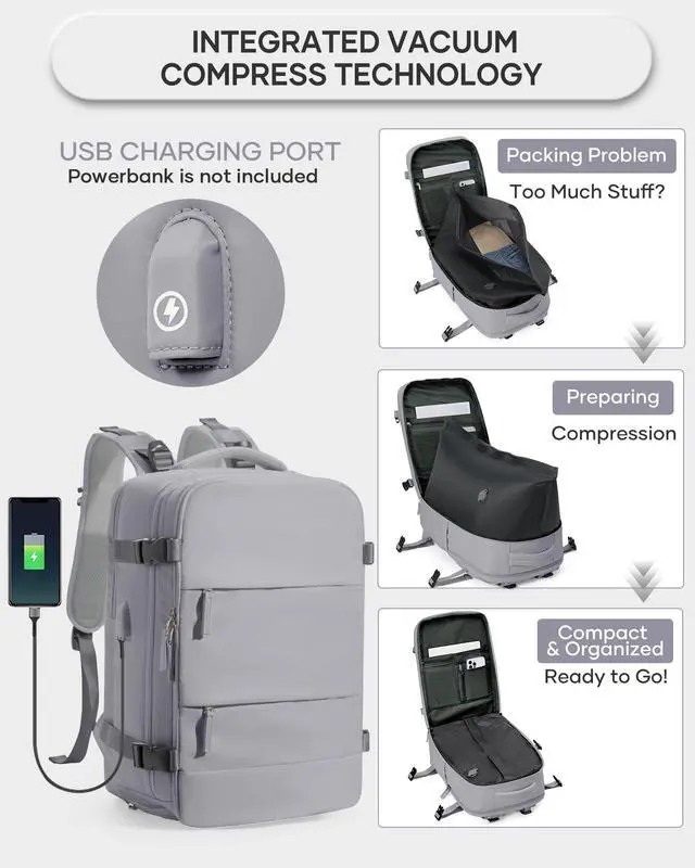 Alt view image 3 of 5 - WEPLAN Vacuum Backpack Travel with Pump,Large Travel Backpack with Vacuum System,18.5x13x7.9IN Personal Item Travel Bag,Airline Approved Carry on Luggage,Laptop Backpack,Grey
