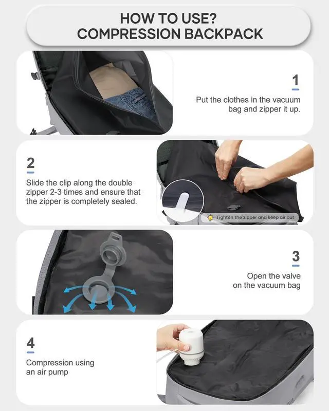 Alt view image 4 of 5 - WEPLAN Vacuum Backpack Travel with Pump,Large Travel Backpack with Vacuum System,18.5x13x7.9IN Personal Item Travel Bag,Airline Approved Carry on Luggage,Laptop Backpack,Grey