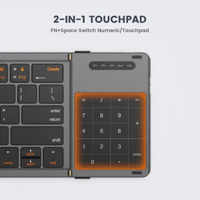 Alt view image 4 of 5 - GEODMAER Foldable Bluetooth Keyboard, Portable Full Size Folding Keyboard with Touchpad, Numeric Keypad, PU Leather, Wireless TravelKeyboard for Windows Android Mac(Sync up to 3 Devices)