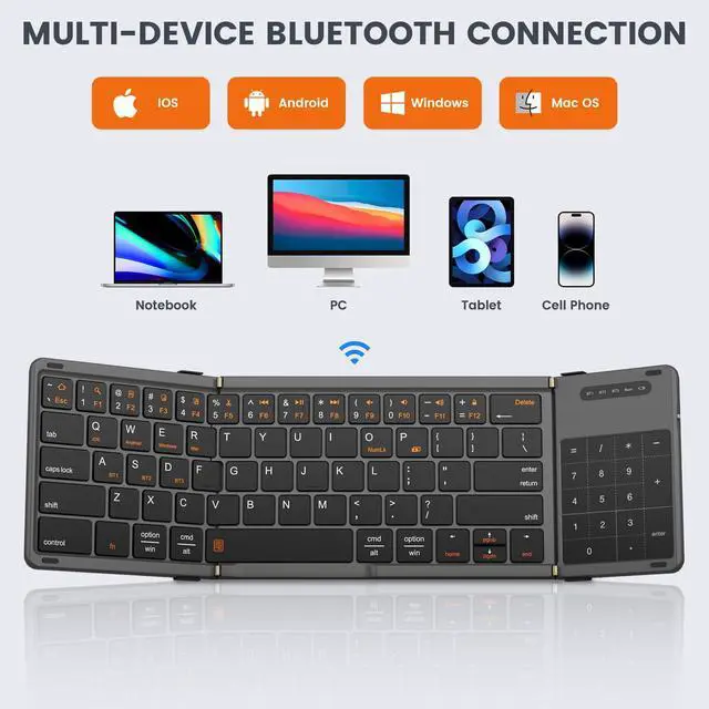 Alt view image 2 of 5 - GEODMAER Foldable Bluetooth Keyboard, Portable Full Size Folding Keyboard with Touchpad, Numeric Keypad, PU Leather, Wireless TravelKeyboard for Windows Android Mac(Sync up to 3 Devices)