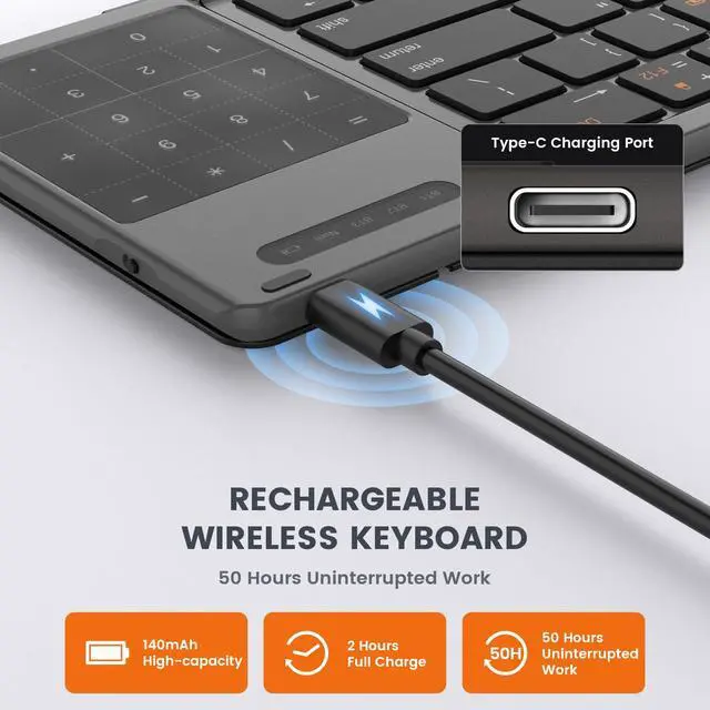 Alt view image 5 of 5 - GEODMAER Foldable Bluetooth Keyboard, Portable Full Size Folding Keyboard with Touchpad, Numeric Keypad, PU Leather, Wireless TravelKeyboard for Windows Android Mac(Sync up to 3 Devices)