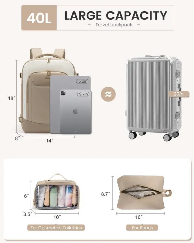 Alt view image 4 of 5 - LOVEVOOK 40L Travel Backpack for Women Men, Large Carry on Backpack for Airplanes TSA Personal Item Travel Bag fits 15.6" Laptop, Waterproof Weekender Essentials Airline Approved with 2 Packing Cubes