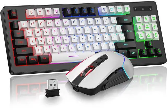 Main image of BlueFinger Wireless Gaming Keyboard and Mouse Combo, RGB Rainbow Backlit Rechargeable Battery, 87 Keys TKL Light Up Keyboard with Ergonomic Gaming Mouse for Mac Laptop Computer PC Gamer(Black & White)