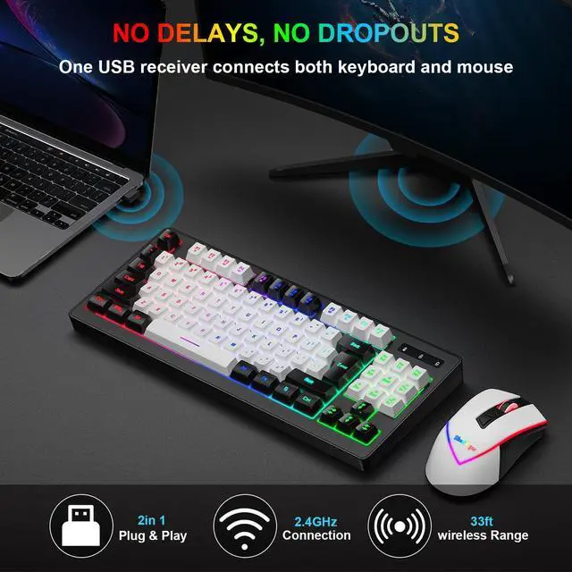 Alt view image 4 of 4 - BlueFinger Wireless Gaming Keyboard and Mouse Combo, RGB Rainbow Backlit Rechargeable Battery, 87 Keys TKL Light Up Keyboard with Ergonomic Gaming Mouse for Mac Laptop Computer PC Gamer(Black & White)