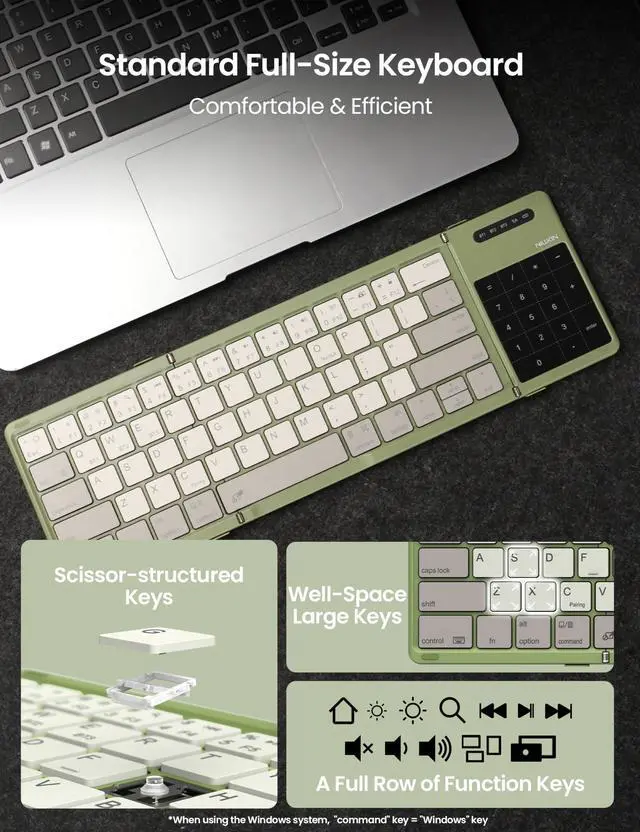 Alt view image 3 of 5 - Nillkin Foldable Travel Keyboard with Touchpad & Number Pad, Bluetooth Wireless Portable Folding Full Size Keyboard with Trackpad for PC Laptop iPad Tablets Smartphone, Silicone Leather Cover, Green