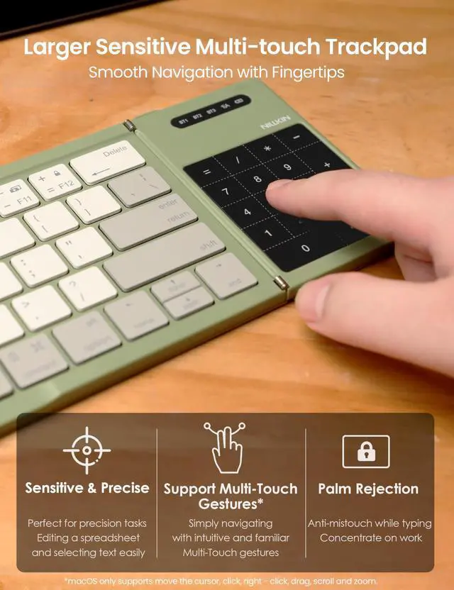 Alt view image 4 of 5 - Nillkin Foldable Travel Keyboard with Touchpad & Number Pad, Bluetooth Wireless Portable Folding Full Size Keyboard with Trackpad for PC Laptop iPad Tablets Smartphone, Silicone Leather Cover, Green