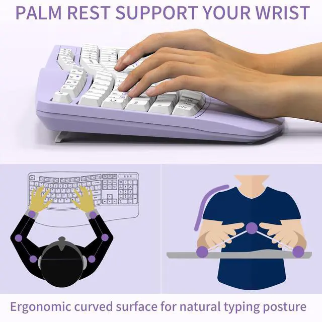 Alt view image 3 of 5 - Ergonomic Wireless Keyboard and Mouse Combo, Wave Keys Keyboard with Wrist Rest for Natural Typing, 3 DPI Adjustable Ergonomic Silent Mouse for Computer/Laptop/Windows/Mac (Purple)