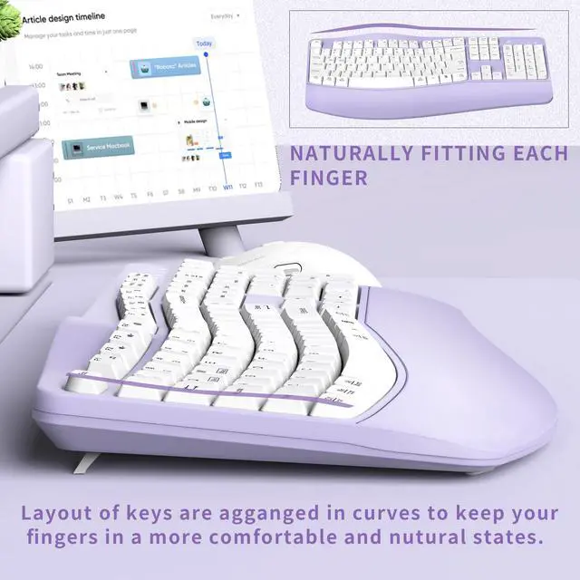 Alt view image 4 of 5 - Ergonomic Wireless Keyboard and Mouse Combo, Wave Keys Keyboard with Wrist Rest for Natural Typing, 3 DPI Adjustable Ergonomic Silent Mouse for Computer/Laptop/Windows/Mac (Purple)