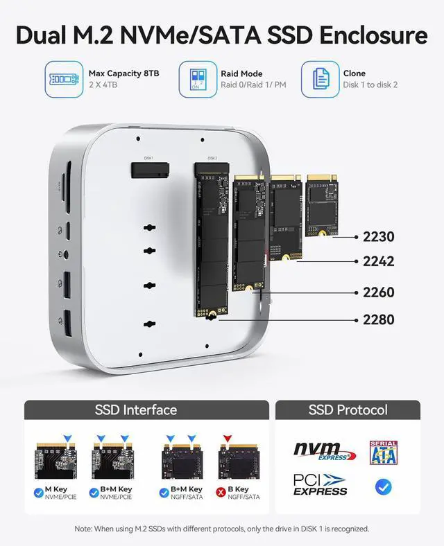 Alt view image 3 of 5 - ORICO MiniRaid Dual-Bay M.2 NVMe/SATA SSD Enclosure with 10-In-1 Docking Station for Mac mini M4/M4 Pro, Raid 0/1/PM, USB C HUB with HDMI 4K@60Hz, 10Gbps, PD60W, SD/TF Card Slot, RJ45 for Creator-MR10