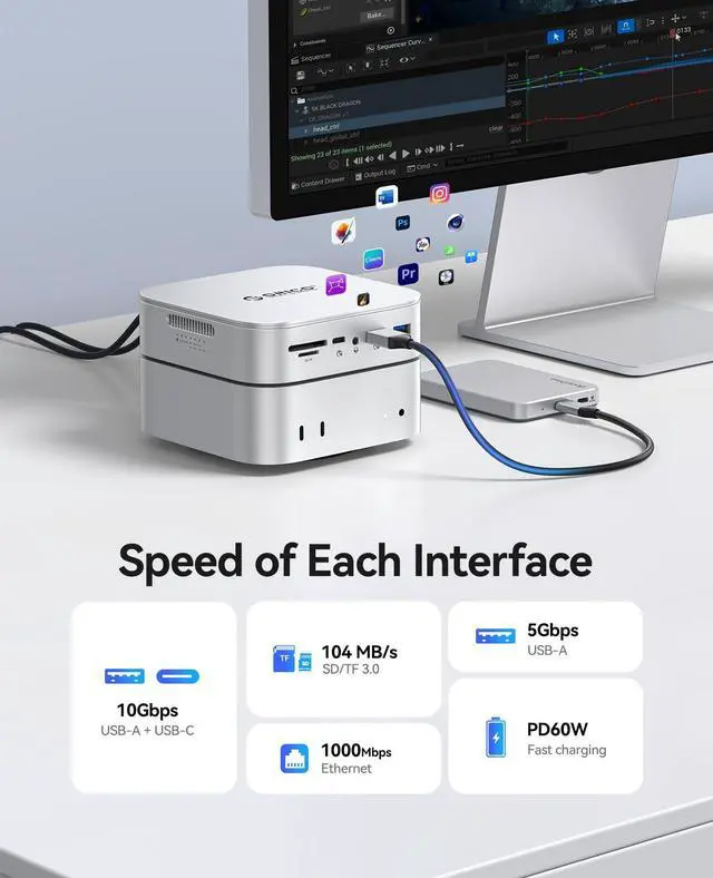 Alt view image 5 of 5 - ORICO MiniRaid Dual-Bay M.2 NVMe/SATA SSD Enclosure with 10-In-1 Docking Station for Mac mini M4/M4 Pro, Raid 0/1/PM, USB C HUB with HDMI 4K@60Hz, 10Gbps, PD60W, SD/TF Card Slot, RJ45 for Creator-MR10