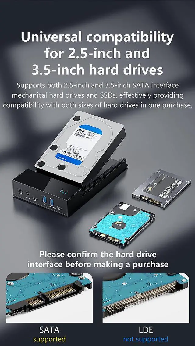 Alt view image 3 of 5 - LINKEET External Hard Drive Enclosure for 3.5 2.5 Inch SATA SSD HDD, USB 3.0 to SATA Hard Drive Docking Station, 2A1C Multi-Port Hub with 12V/2A Power Adapter, Support Up to 20TB, UASP, Trim, Black