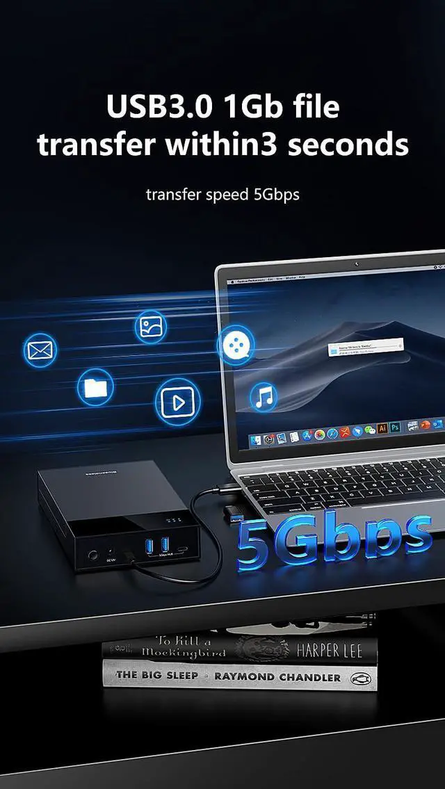 Alt view image 4 of 5 - LINKEET External Hard Drive Enclosure for 3.5 2.5 Inch SATA SSD HDD, USB 3.0 to SATA Hard Drive Docking Station, 2A1C Multi-Port Hub with 12V/2A Power Adapter, Support Up to 20TB, UASP, Trim, Black