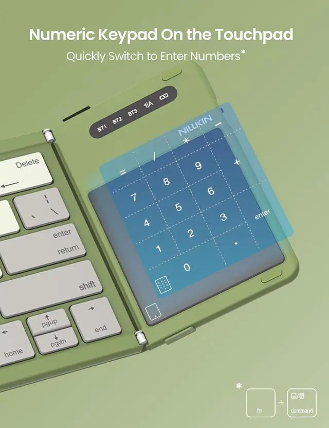 Alt view image 5 of 5 - Nillkin Foldable Travel Keyboard with Touchpad & Number Pad, Bluetooth Wireless Portable Folding Full Size Keyboard with Trackpad for PC Laptop iPad Tablets Smartphone, Silicone Leather Cover, Green