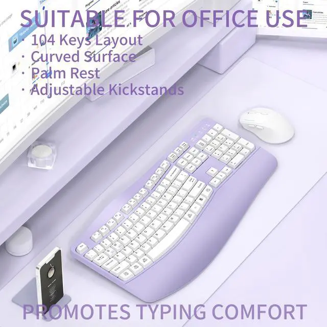 Alt view image 2 of 5 - Ergonomic Wireless Keyboard and Mouse Combo, Wave Keys Keyboard with Wrist Rest for Natural Typing, 3 DPI Adjustable Ergonomic Silent Mouse for Computer/Laptop/Windows/Mac (Purple)
