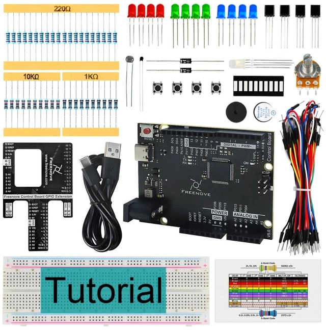 Main image of Freenove Basic Starter Kit with Board V5 Rev4 Mini (Compatible with Arduino IDE), Arm Cortex-M4 Microcontroller, 179-Page Detailed Tutorial, 140 Items, 34 Projects