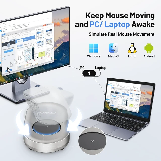 Alt view image 5 of 5 - HONKID Undetectable Mouse Mover Jiggler with ON/Off Switch and USB Port Drive-Free,Simulate Physical Automatically Mouse Movement,Prevent Computer Laptop Inactive/Lockdown (Silver)