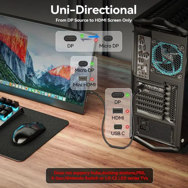 Alt view image 2 of 5 - Answin DisplayPort to Micro HDMI Cable Uni-Directional 4K@60Hz 2K@120Hz 5Ft