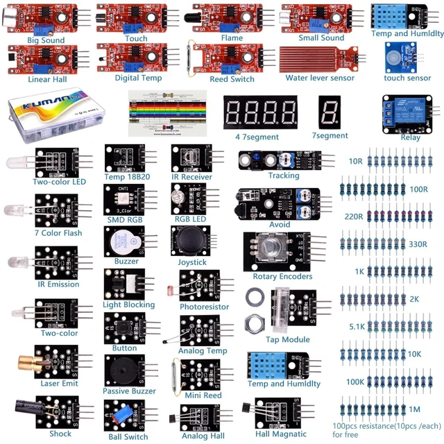 Main image of kuman Compatible For Arduino Raspberry pi Sensor kit, 37 in 1 Robot Projects Starter Kits with Tutorials Compatible for Arduino RPi 3 2 Model B B+ K5