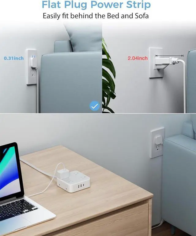 Alt view image 3 of 7 - Surge Protector Flat Extension Cord Flat Plug Power Strip, 8 AC Outlets, 3 USB Charger(1 USB C Port) 3 Sided Outlet Extender, 5 Ft, 900 Joules Protection, Office Supplies, Dorm Room Essentials