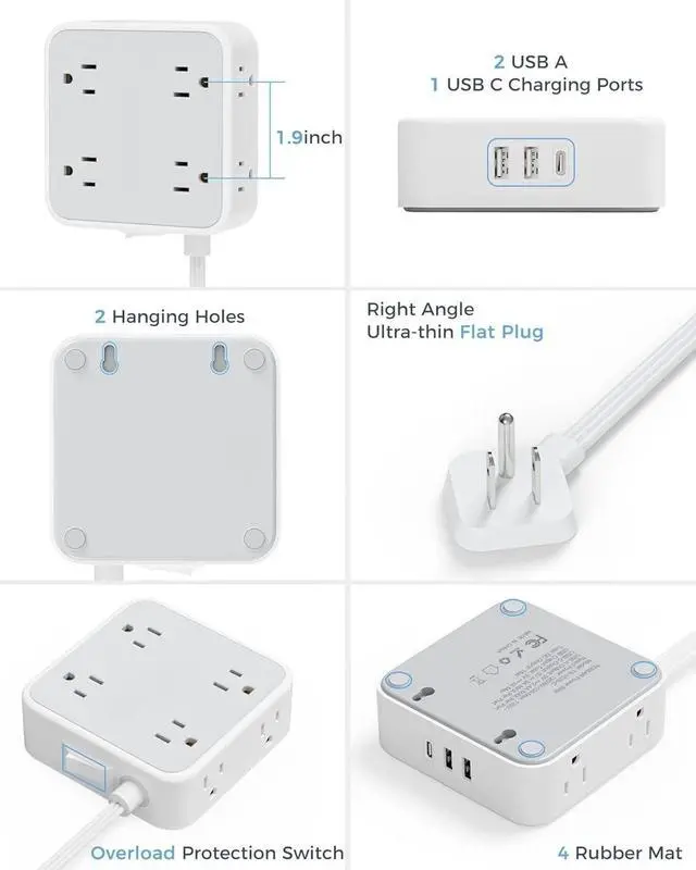 Alt view image 7 of 7 - Surge Protector Flat Extension Cord Flat Plug Power Strip, 8 AC Outlets, 3 USB Charger(1 USB C Port) 3 Sided Outlet Extender, 5 Ft, 900 Joules Protection, Office Supplies, Dorm Room Essentials