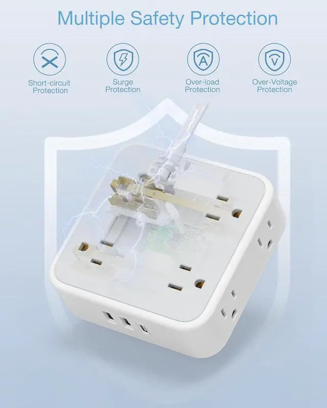 Alt view image 5 of 7 - Surge Protector Flat Extension Cord Flat Plug Power Strip, 8 AC Outlets, 3 USB Charger(1 USB C Port) 3 Sided Outlet Extender, 5 Ft, 900 Joules Protection, Office Supplies, Dorm Room Essentials