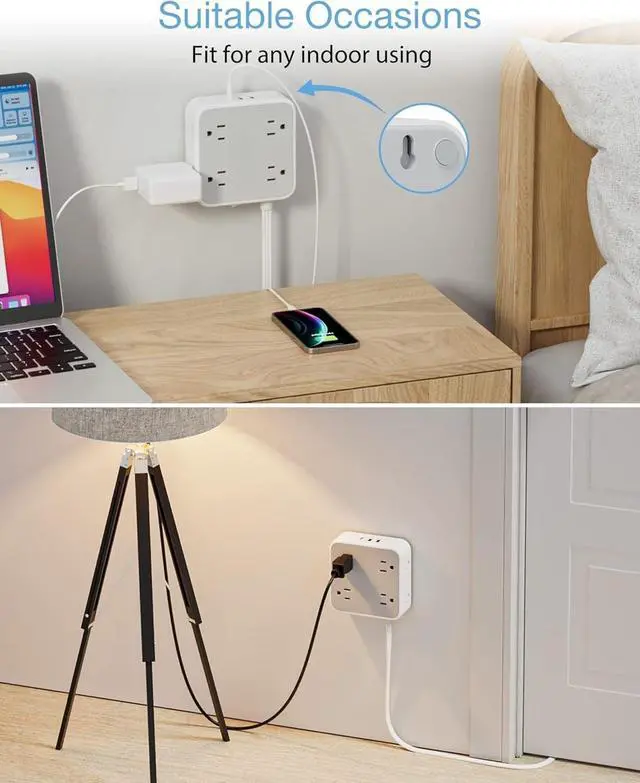 Alt view image 6 of 7 - Surge Protector Flat Extension Cord Flat Plug Power Strip, 8 AC Outlets, 3 USB Charger(1 USB C Port) 3 Sided Outlet Extender, 5 Ft, 900 Joules Protection, Office Supplies, Dorm Room Essentials