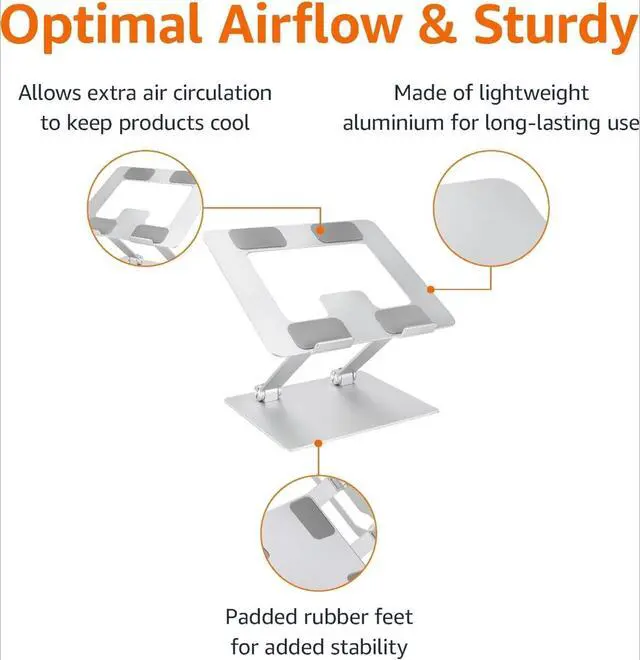 Alt view image 3 of 7 - Sturdy and Portable Ergonomic Laptop Stand for Desk, Adjustable Riser, Fits all Laptops and Notebooks up to 17.3 Inch, Silver, 10 x 8.7 x 6 in