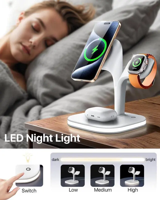 Alt view image 4 of 6 - Magsafe Charger Stand,Charging Station for Multiple Devices,Wireless Charger for iPhone 17 Air 16 15 14 13 12 Series,Apple Watch Series 1-10/Ultra,AirPods Pro with LED and Adapter (White)