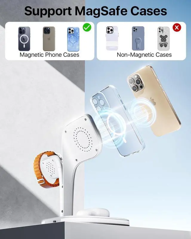 Alt view image 6 of 6 - Magsafe Charger Stand,Charging Station for Multiple Devices,Wireless Charger for iPhone 17 Air 16 15 14 13 12 Series,Apple Watch Series 1-10/Ultra,AirPods Pro with LED and Adapter (White)