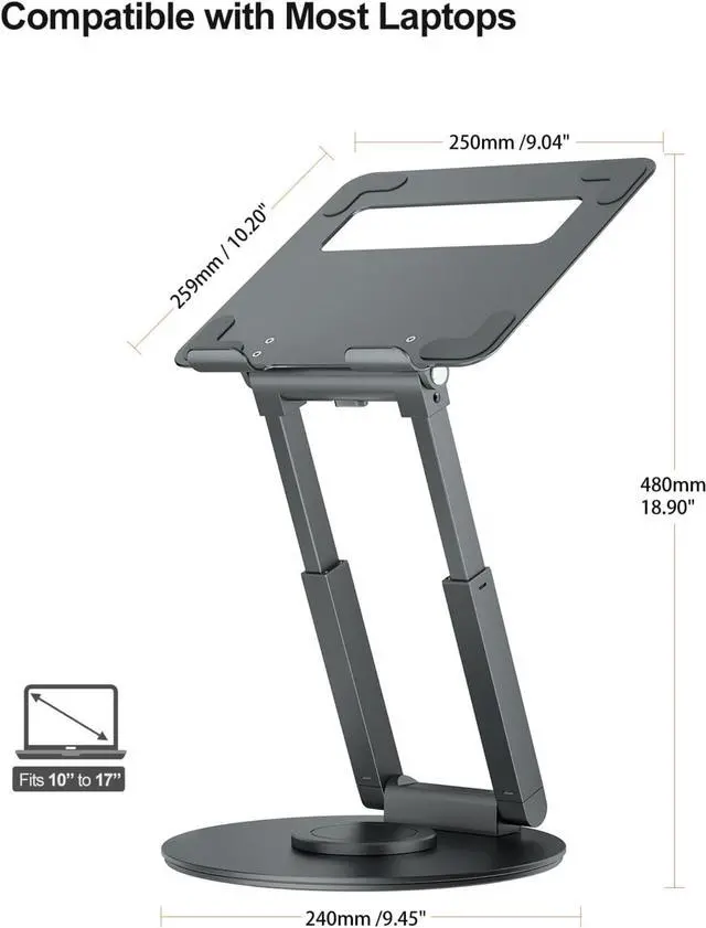 Alt view image 4 of 7 - Telescopic Laptop Stand for Desk with 360° Swivel Base, Sit to Stand, Height Adjustable, Portable Riser Holder for Good Posture, Compatible with MacBook Pro, All Laptops 10-17"-Gray