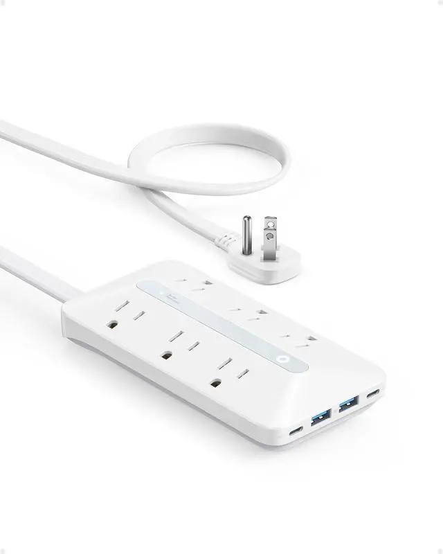 Main image of Flat Plug Power Strip(300J) with 20W USB-C, 10-in-1 Ultra Thin Power Strip with 6 AC, 2 USB-A and C Each, 5 ft Extension Cord for Desk Charging Station/Home/Office/College/Dorm Essentials, White